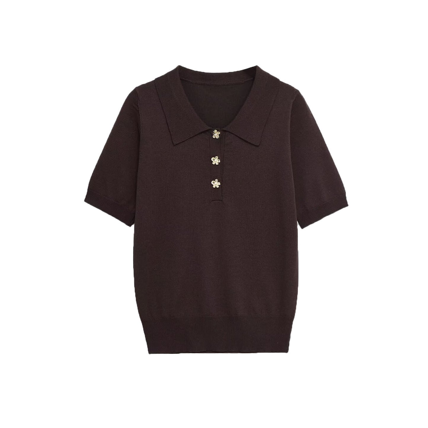 Chloe | Brown Delicate Knit Short Sleeve Polo with Flower Buttons