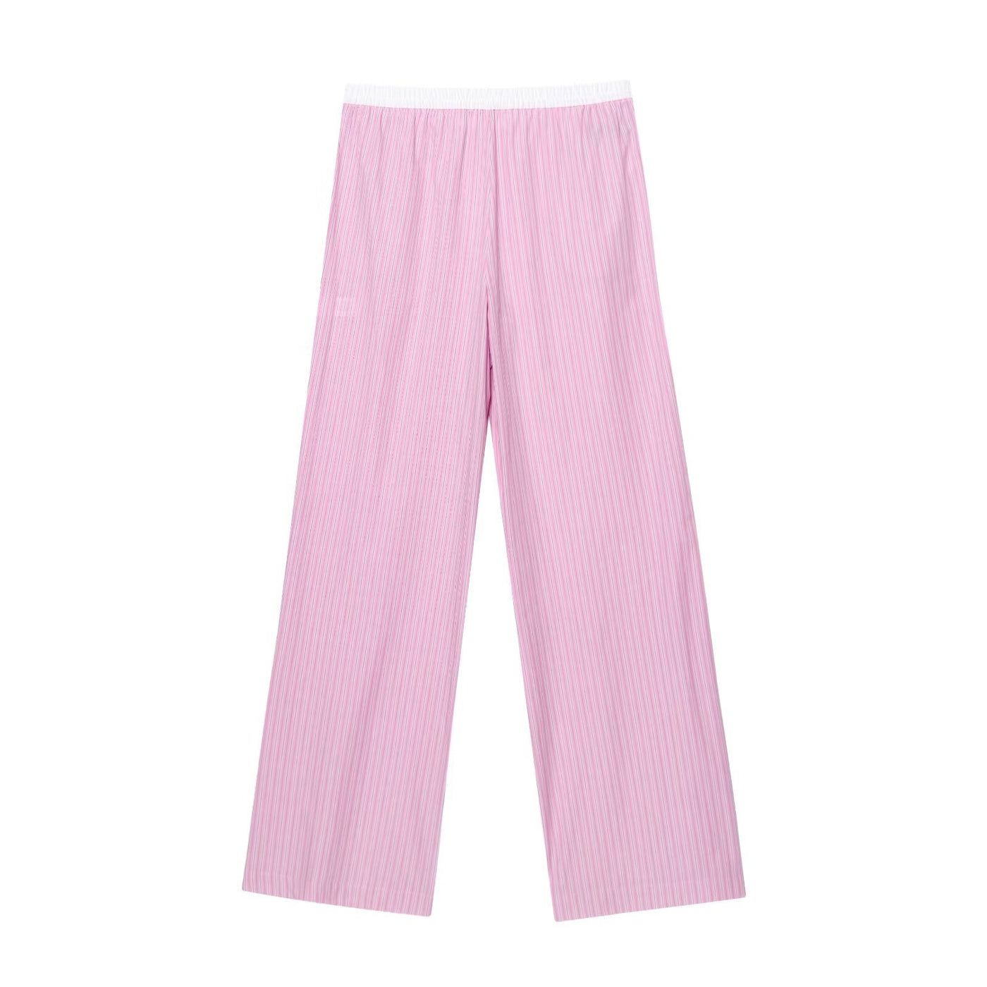 Mary | Stripe Contrast Waistband Button Fly Wide-Leg Cotton Trousers