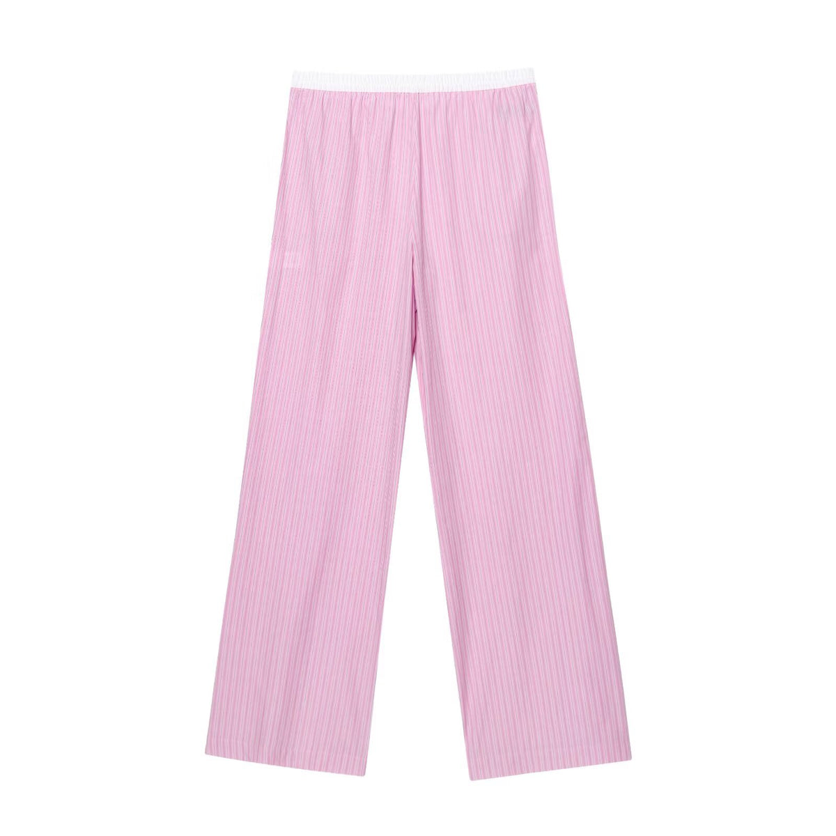 Mary | Stripe Contrast Waistband Button Fly Wide-Leg Cotton Trousers