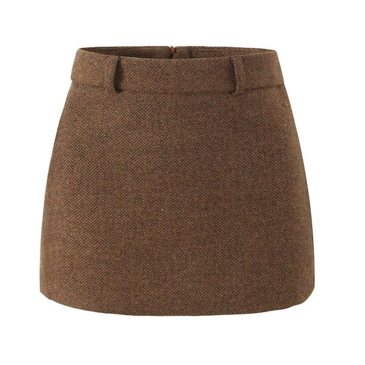 Mira | Mini Skirt Brown Tailored Fitted Herringbone