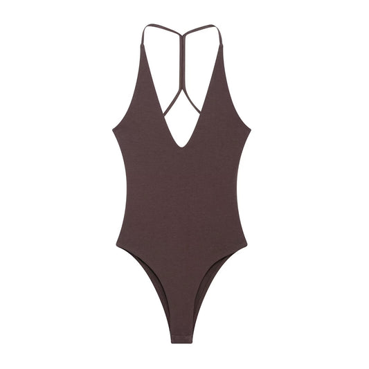 Vera | V Neck Bodysuit Brown High Waisted Black Pants