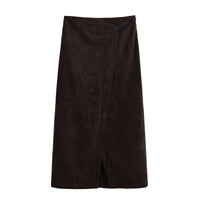 Amelia | Button-Front Faux Suede Wrap Midi Skirt