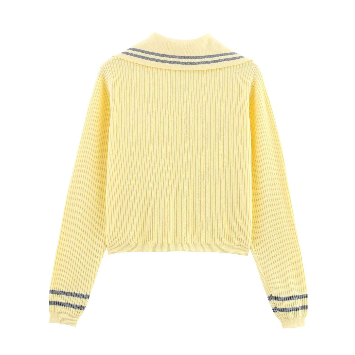 Aria | Polo Collar Striped Trim Button Front Ribbed Cropped Cardigan