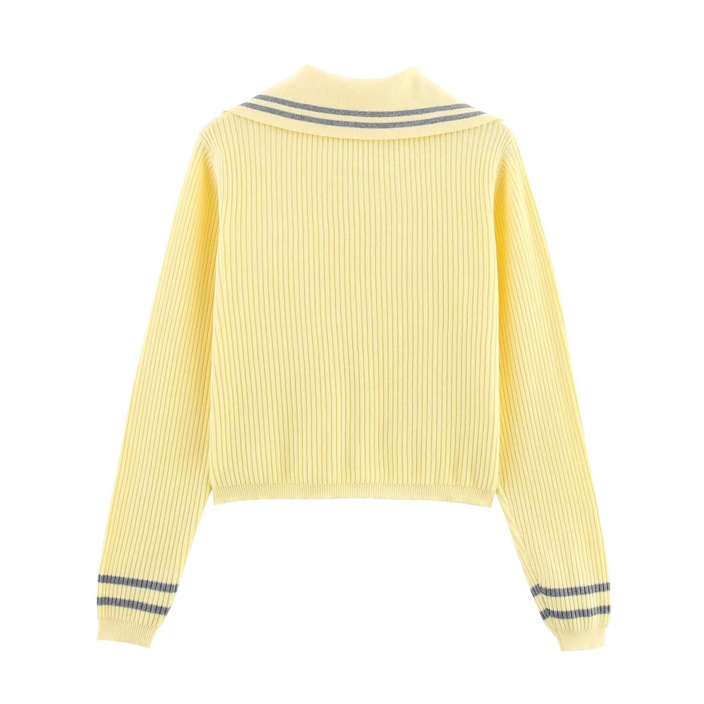 Edie | Spring Casual Knitted Top Yellow Long Sleeve Cardigan Striped Collar