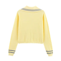 Aria | Polo Collar Striped Trim Button Front Ribbed Cropped Cardigan