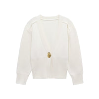 Ada | Deep V-Neck Gold Button Structured Shoulder Cropped Cardigan