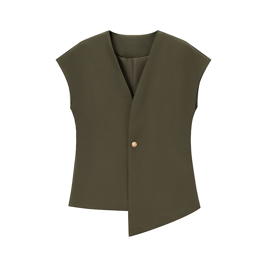 Cleo | Smart Casual Asymmetric Vest Top Khaki V Neck Tailored Sleeveless