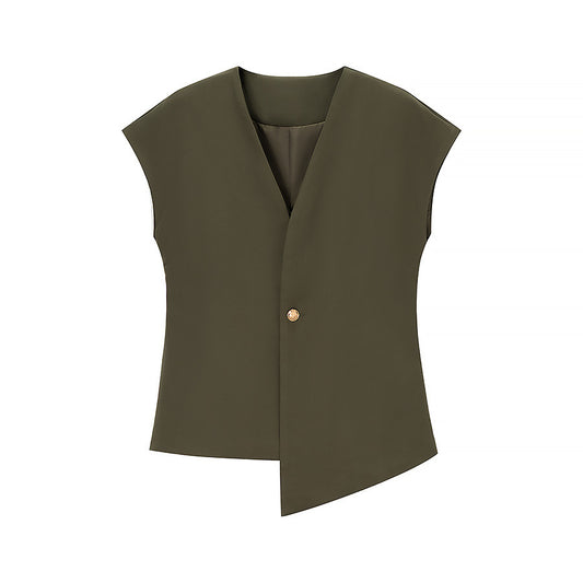 Cleo | Smart Casual Asymmetric Vest Top Khaki V Neck Tailored Sleeveless