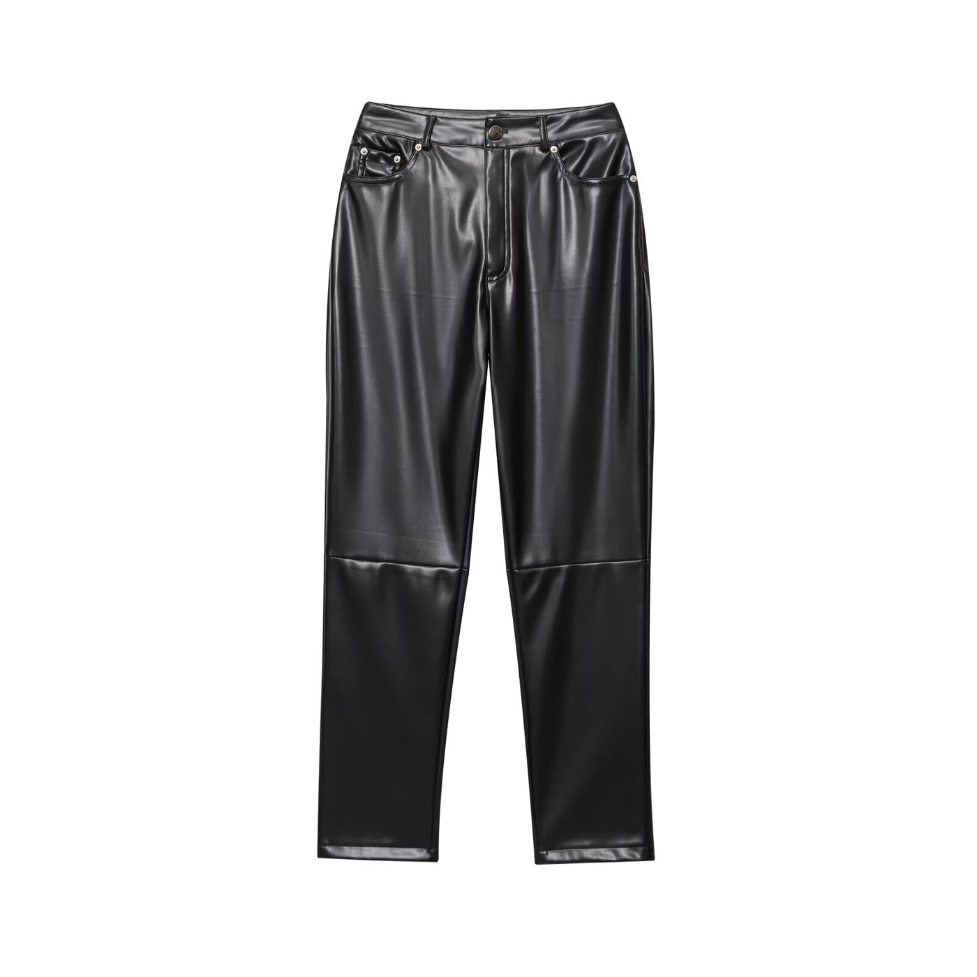 Ottilie | High-Waist Five-Pocket Knee Seam Faux Leather Straight-Leg Trousers in Black