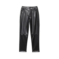 Ottilie | High-Waist Five-Pocket Knee Seam Faux Leather Straight-Leg Trousers in Black