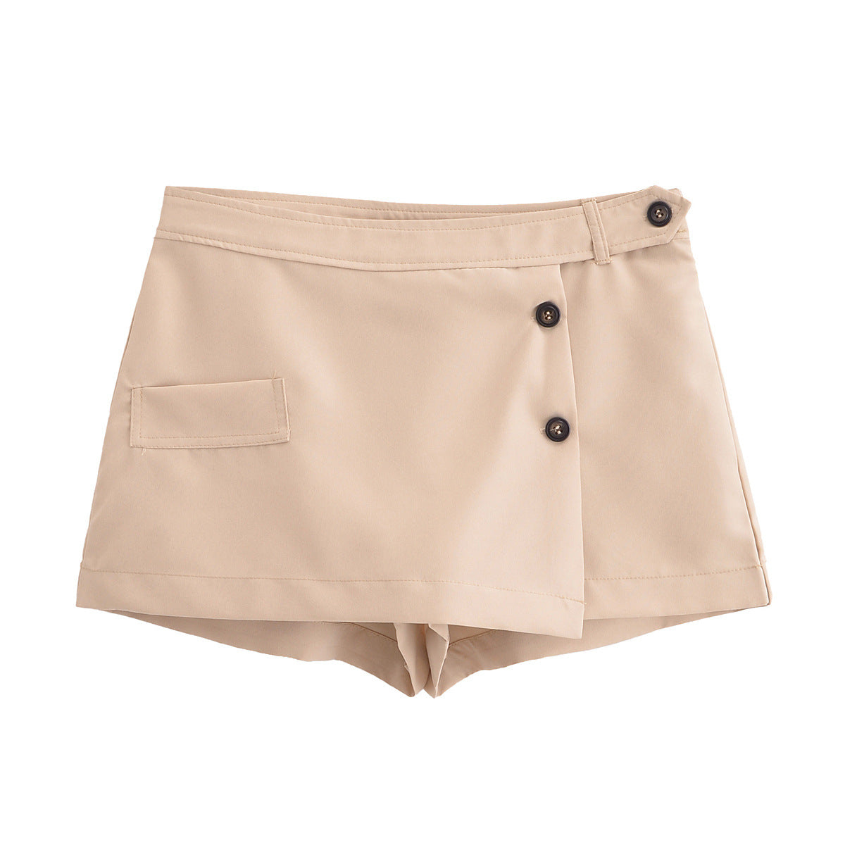 Sage | Tailored Shorts Beige High Waisted Button Detail Asymmetric