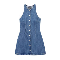 Tabitha | High Neck Cutaway Shoulder Button-Front Vertical Seam Denim Mini Dress