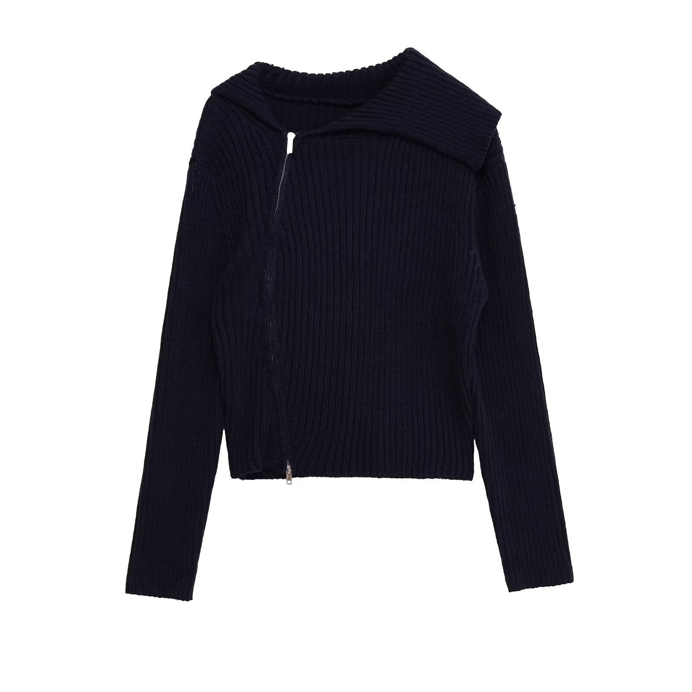 Hattie | Fold-Over Collar Asymmetric Zip Ribbed Knit Crop Top