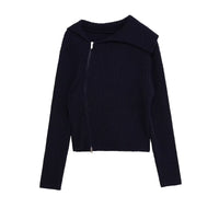 Hattie | Fold-Over Collar Asymmetric Zip Ribbed Knit Crop Top