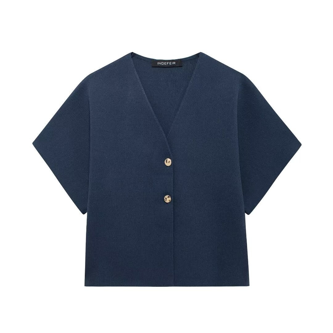 Penelope | V-Neck Gold Button Short Sleeve Relaxed Cropped Knit Top