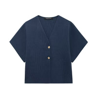 Penelope | V-Neck Gold Button Short Sleeve Relaxed Cropped Knit Top