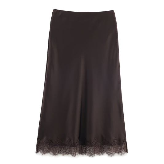 Orla | Elegant Satin Midi Skirt White Lace Trim Slip Pencil