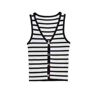 Tess | Knitted Vest Top Striped Black White Sleeveless V Neck Button Front