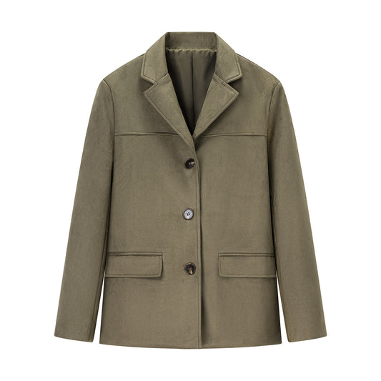 Thea | Oversized Blazer Olive Suede Look Button Front