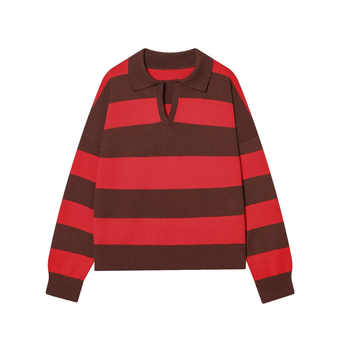 Amber | Striped Polo Knit Top in Red & Yellow