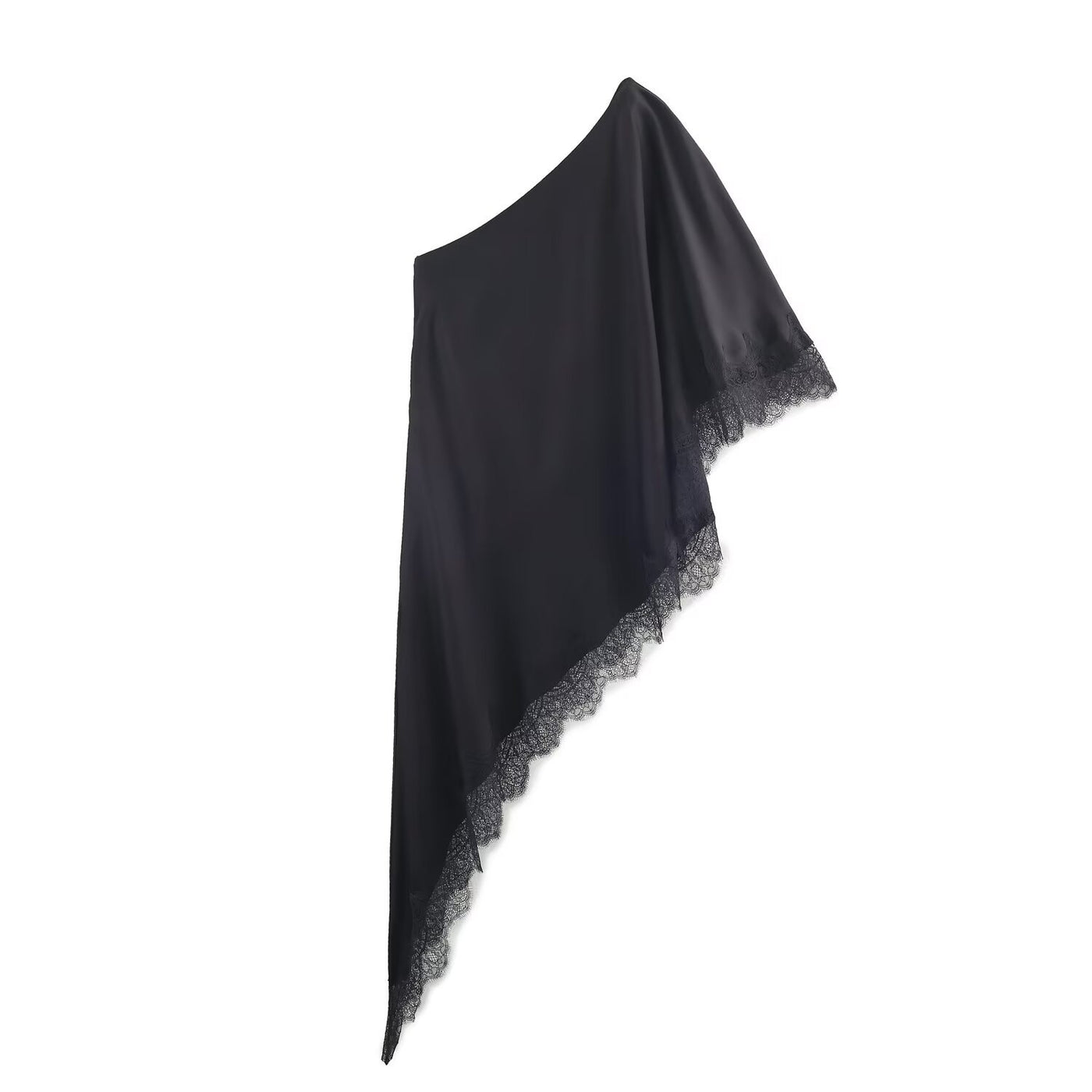 Aurora | Satin One Shoulder Lace Trim Asymmetric Top