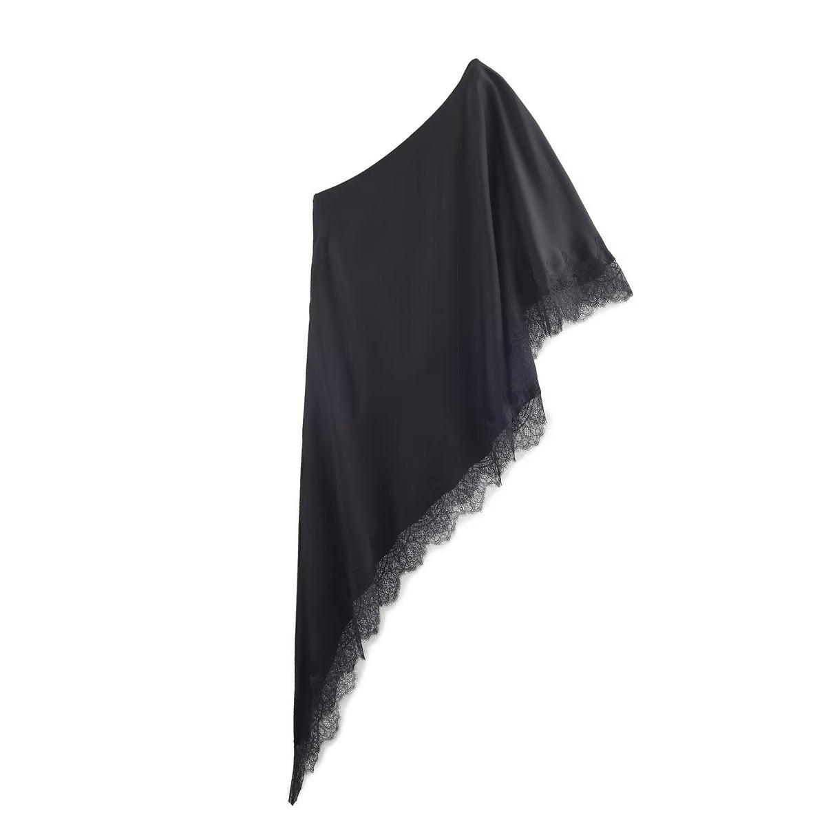Aurora | Satin One Shoulder Lace Trim Asymmetric Top