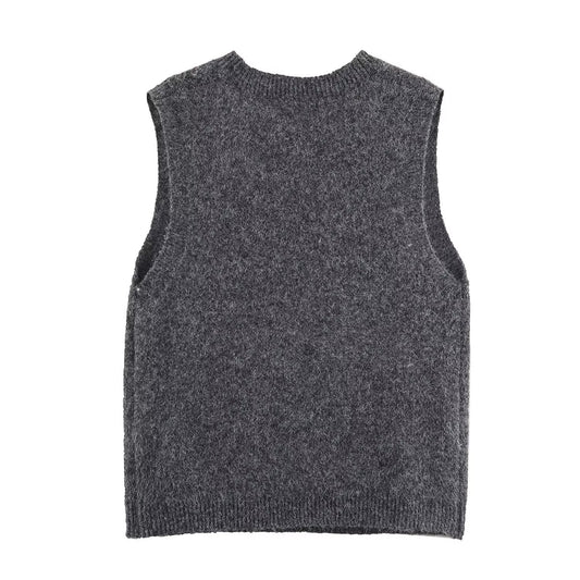Nola | Vest Top Grey Knitted Argyle Sleeveless Rhinestone