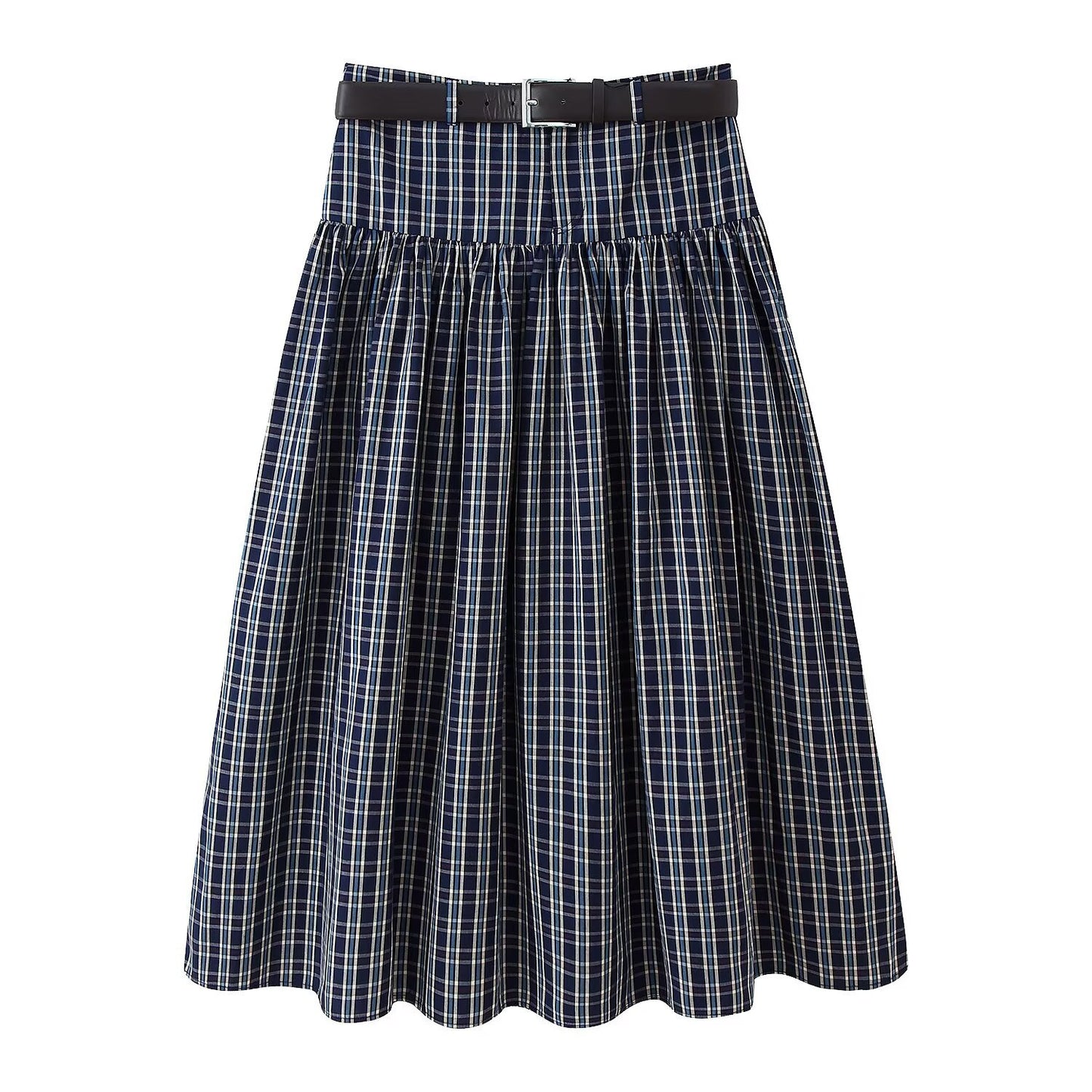 Zuri | Check Midi Skirt Navy Blue Pleated High Waisted A Line