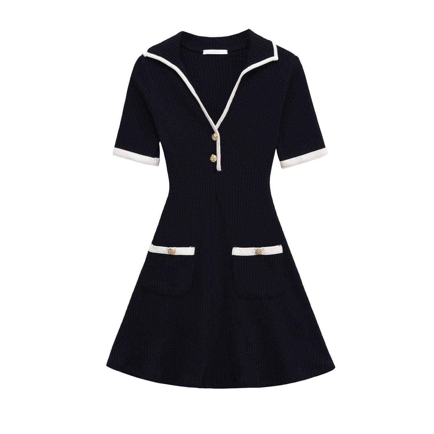 Amelia | Polo Collar Gold Button Patch Pocket Ribbed Knit Mini Shirt Dress