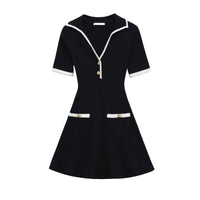 Amelia | Polo Collar Gold Button Patch Pocket Ribbed Knit Mini Shirt Dress