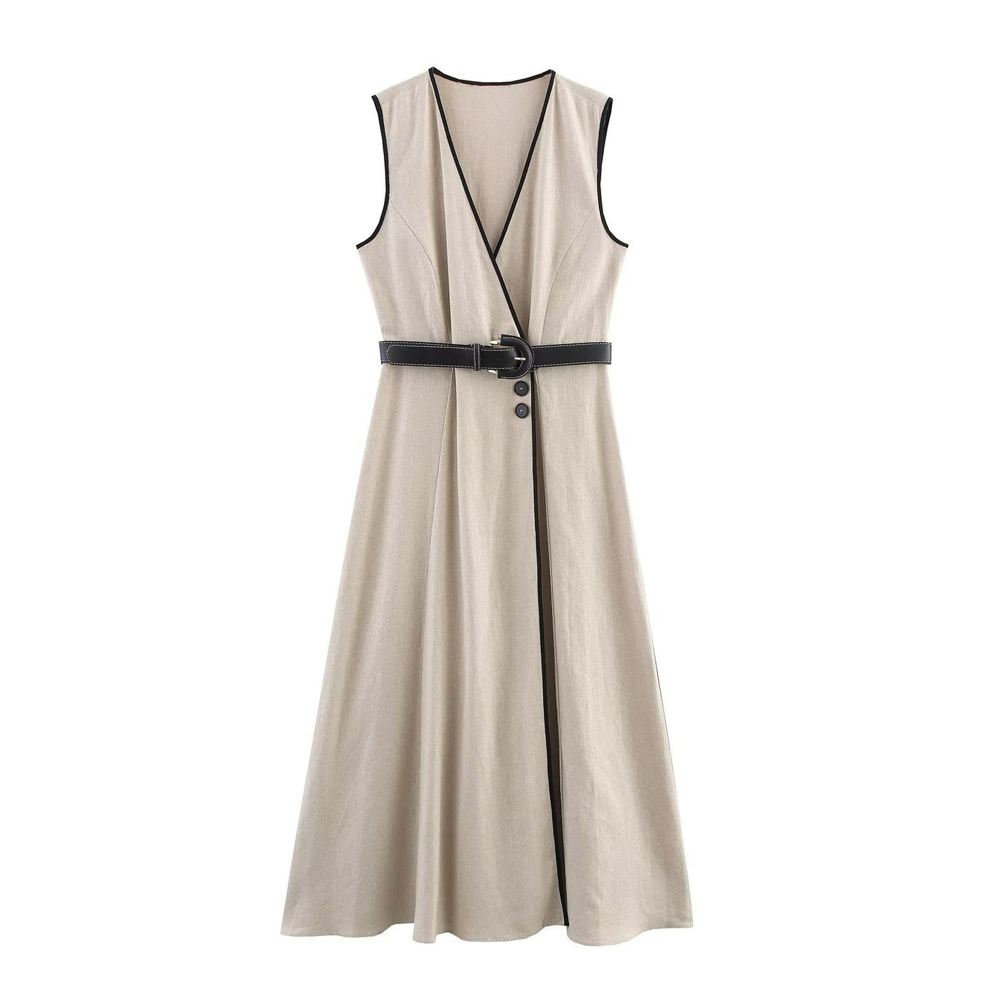 Adeline | V-Neck Wrap Front Contrast Piping Linen Maxi Dress