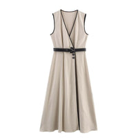 Adeline | V-Neck Wrap Front Contrast Piping Linen Maxi Dress