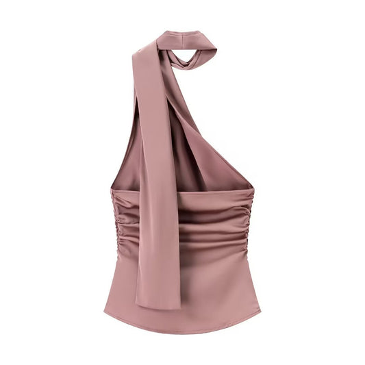 Flora | Elegant Halter Neck Top Pink Satin Sleeveless Ruched