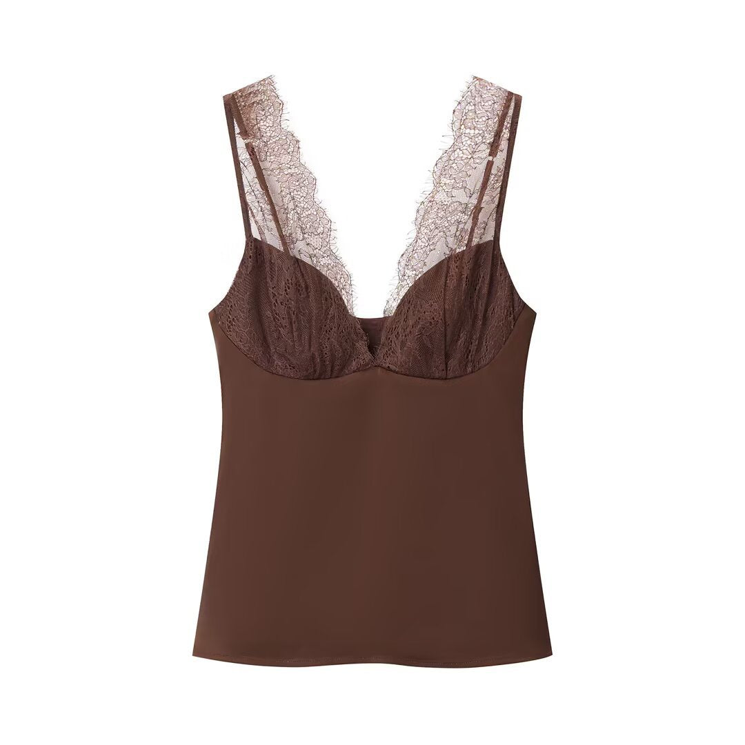 Fern | Elegant Lace Satin Cami Top Black V Neck Sleeveless