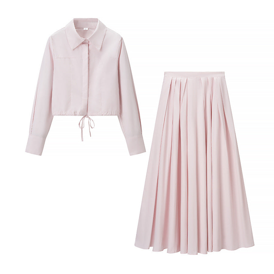 Vera | Two Piece Set Pleated Maxi Skirt Pink Long Sleeve Button Up