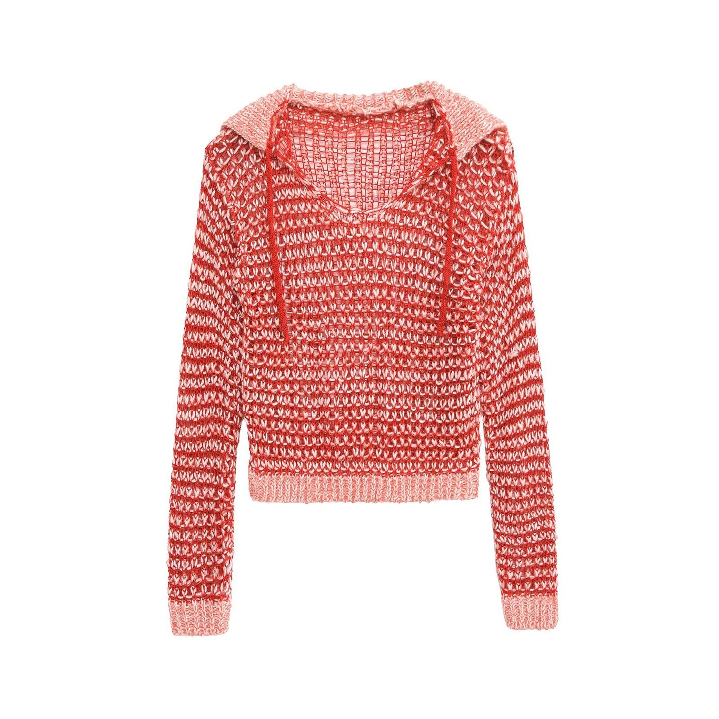 Ruby | Red Relaxed Open Knit Striped Hooded Jumper