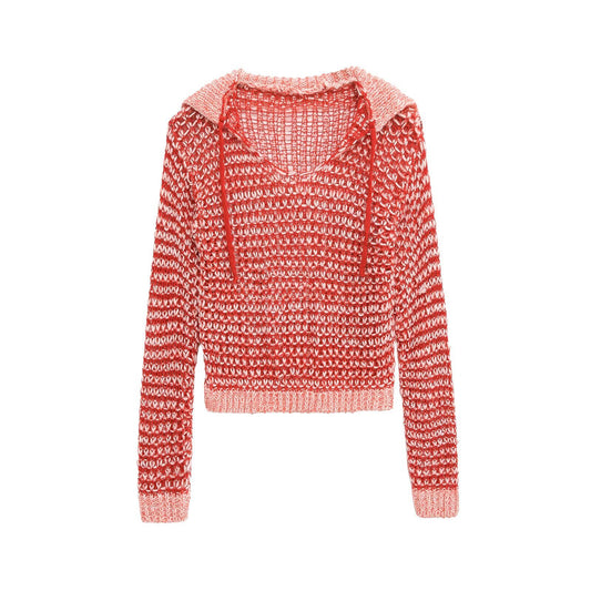 Ruby | Red Relaxed Open Knit Striped Hooded Jumper