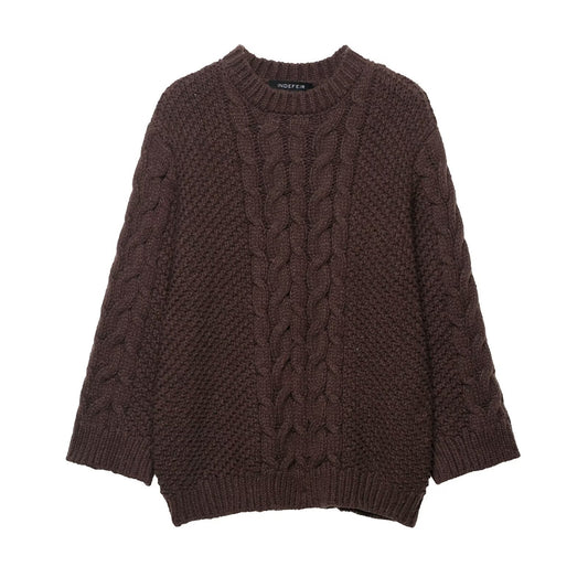 Alma | Knitted Sweater Cable Knit Brown Crew Neck