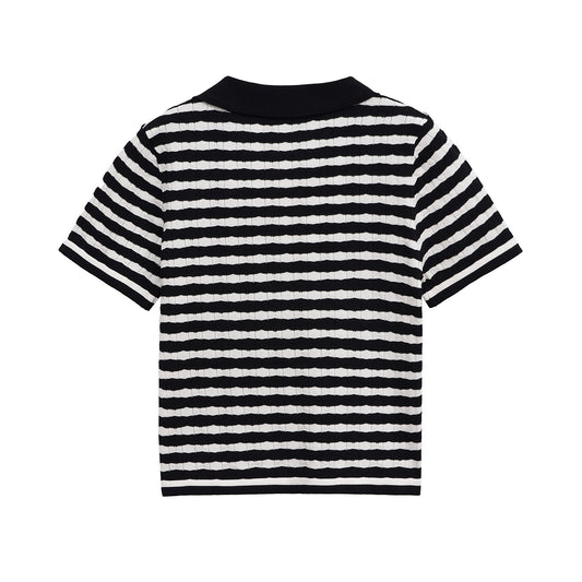 Phoebe | Flattering Ribbed Knit Striped Polo Top