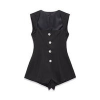 Betsy | Square Neck Diamante Button Tailored Shorts Romper in Black