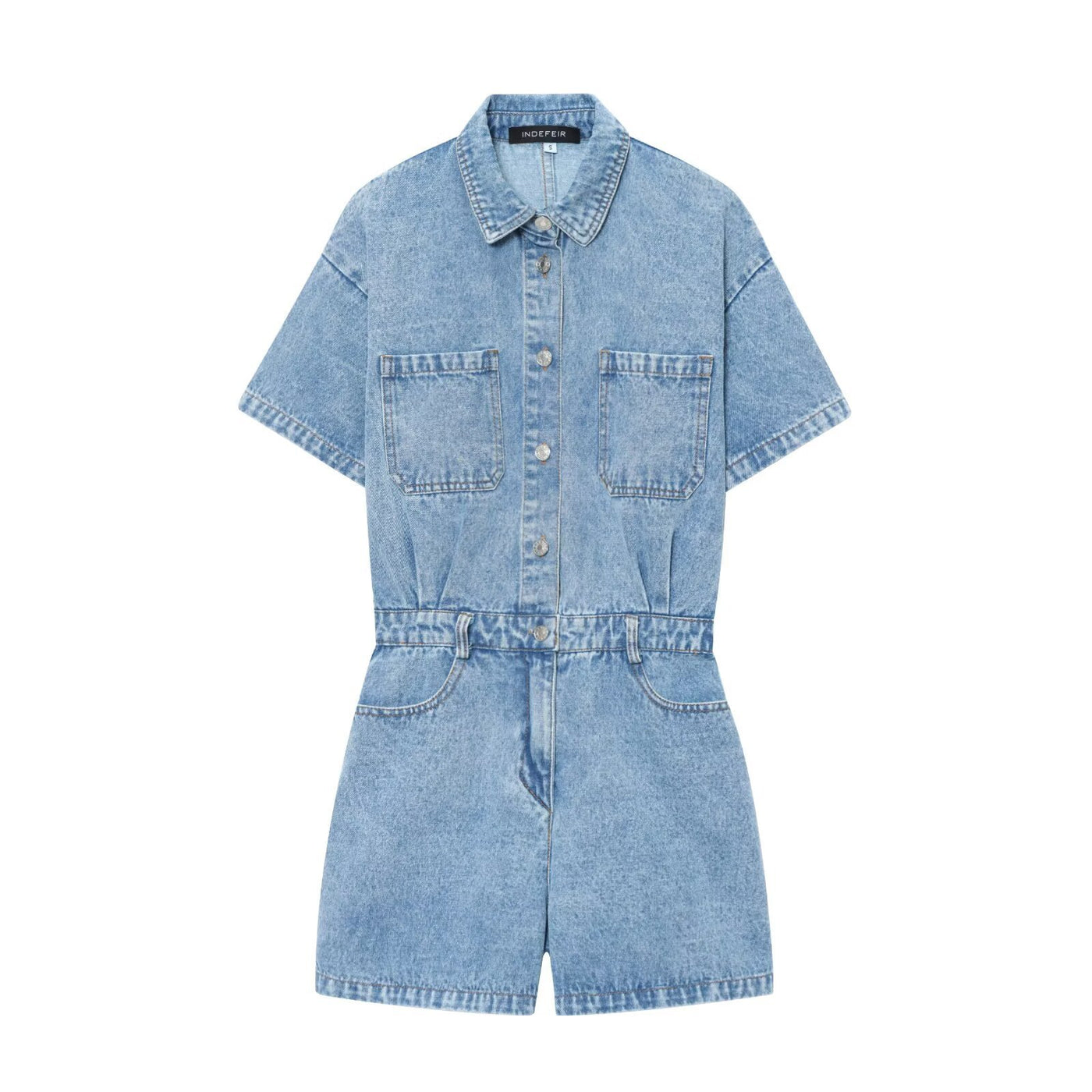 Abigail | Shirt Collar Button Front Twin Pocket Contrast Stitch Denim Romper in Dark Blue and Light Blue