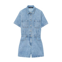 Abigail | Shirt Collar Button Front Twin Pocket Contrast Stitch Denim Romper in Dark Blue and Light Blue