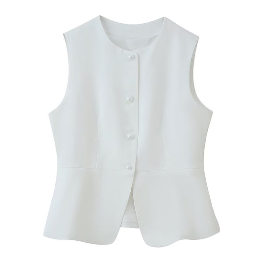 Ines | Smart Casual Peplum Top White Sleeveless Fitted Crew Neck