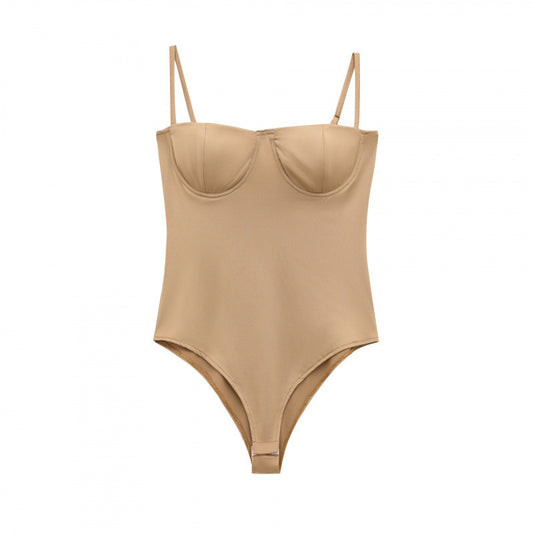 Vera | Corset Top Bodysuit Brown Fitted Ribbed