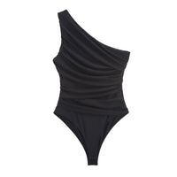 Lara | One-Shoulder Ruched Top in Black, Brown & Blue