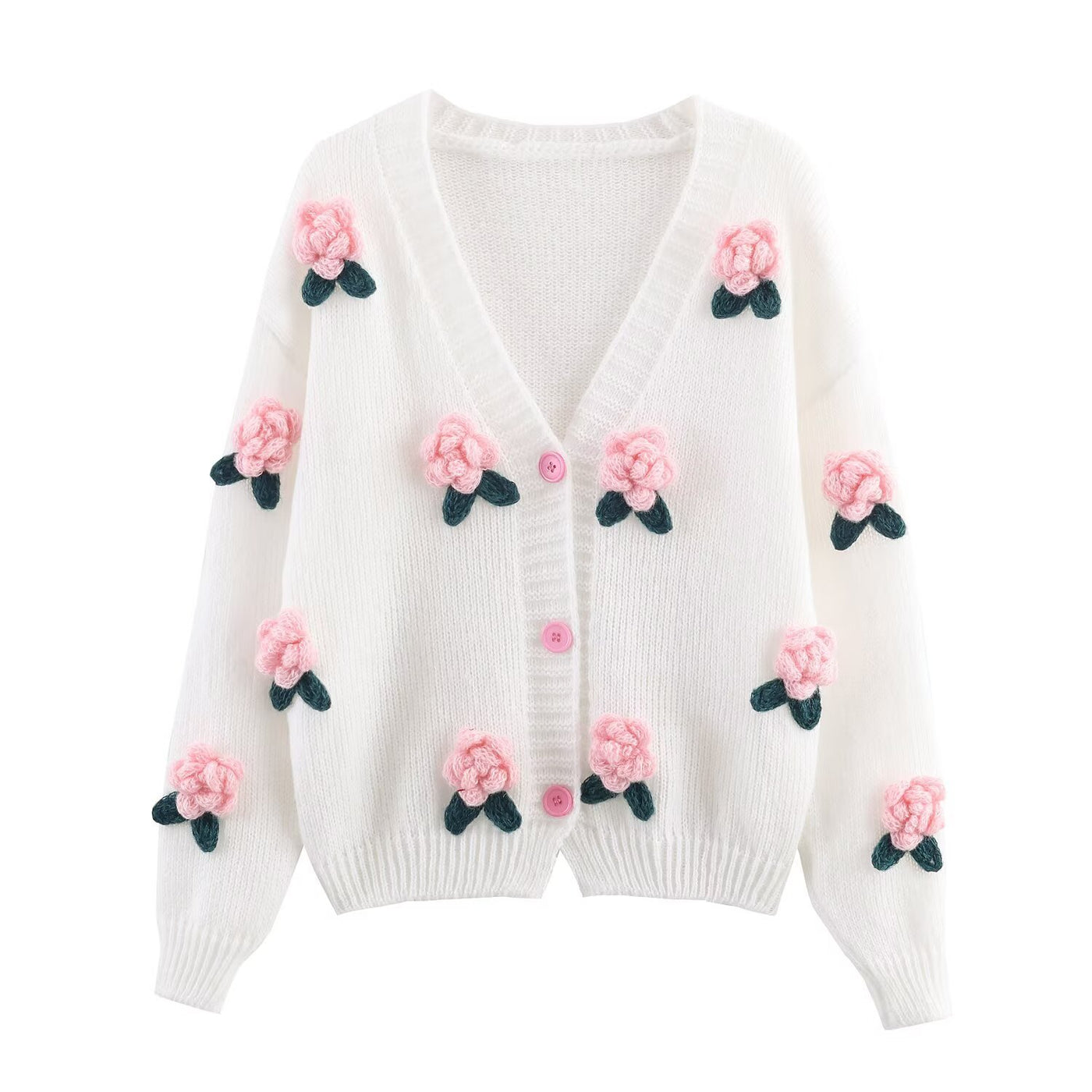 Zara | 3D Rose Appliqué Red Button Soft Knit Cropped Cardigan