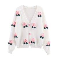 Zara | 3D Rose Appliqué Red Button Soft Knit Cropped Cardigan