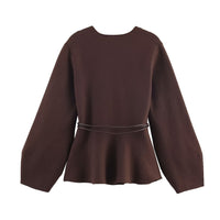 Eva | Deep V-Neck Tie Belt Peplum Hem Wrap Top