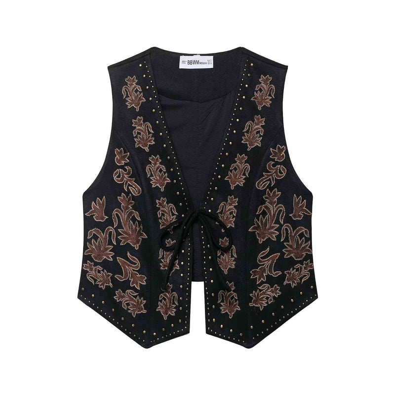 Fleur | Sleeveless Vest Top Brown Embroidered Tie Front V Neck