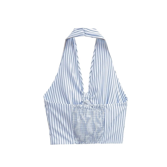 Elise | Summer Halter Neck Top Blue White Striped Tie Front
